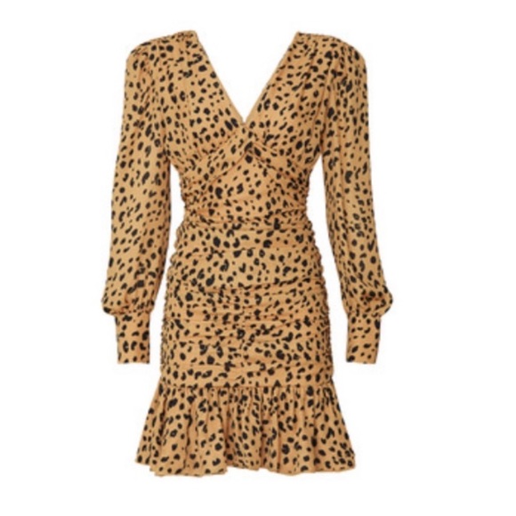 NICHOLAS Brownish/Tan Black 100%Silk Leopard Print Gathered Ruffle Frill Dress 4 - Picture 3 of 16